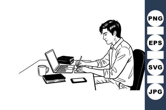 Man Working at Desk Illustration